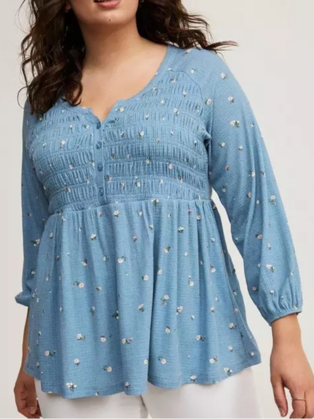 NWOT Torrid Blue Ditsy Floral Smocked Babydoll Ribbed Knit V-Neck Peplum Top 1X